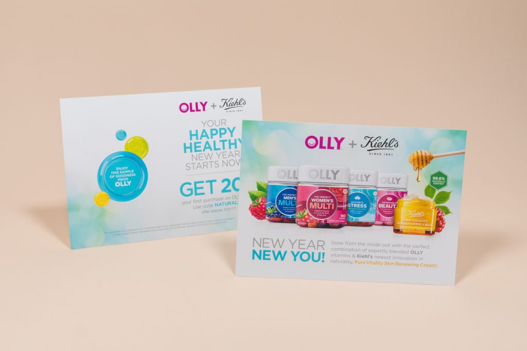 Pantone color postcard printing for branded direct mail campaign with vibrant product graphics and promotional design
