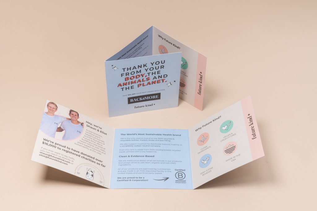 How to print a brochure: square accordion-fold piece opens to show icon-led benefits and thank-you headline.