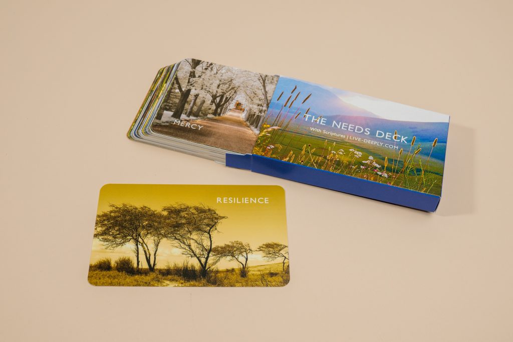 Custom deck of cards with branded tuck box (“The Needs Deck”) and a Resilience card, sustainable production by Greener Printer.
