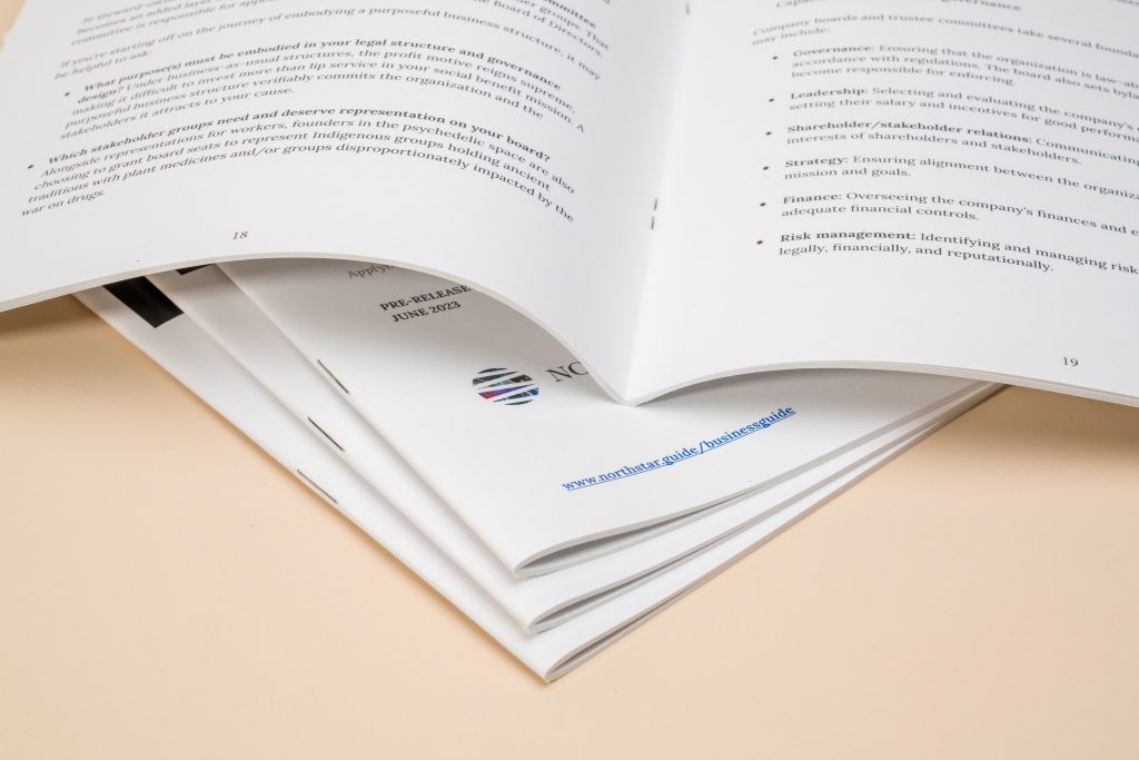 Open saddle-stitched booklet with visible staples and clean trimmed edges, showing the classic format used in saddle stitch booklet printing for guides, programs, and catalogs.
