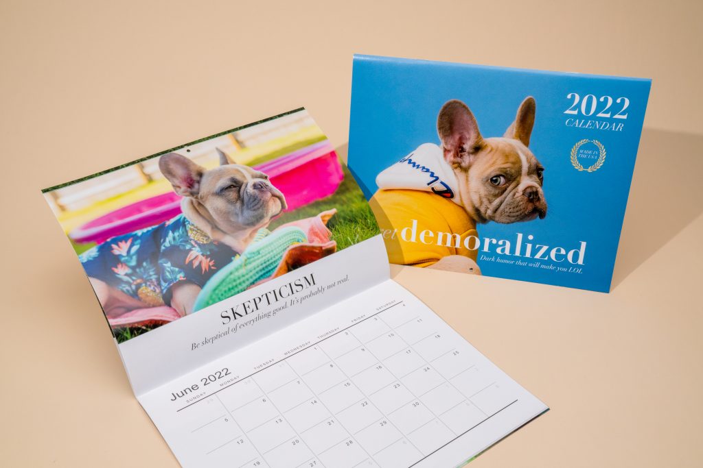 Custom photo calendar with French Bulldog design and humorous theme, printed in 8.5x11 format