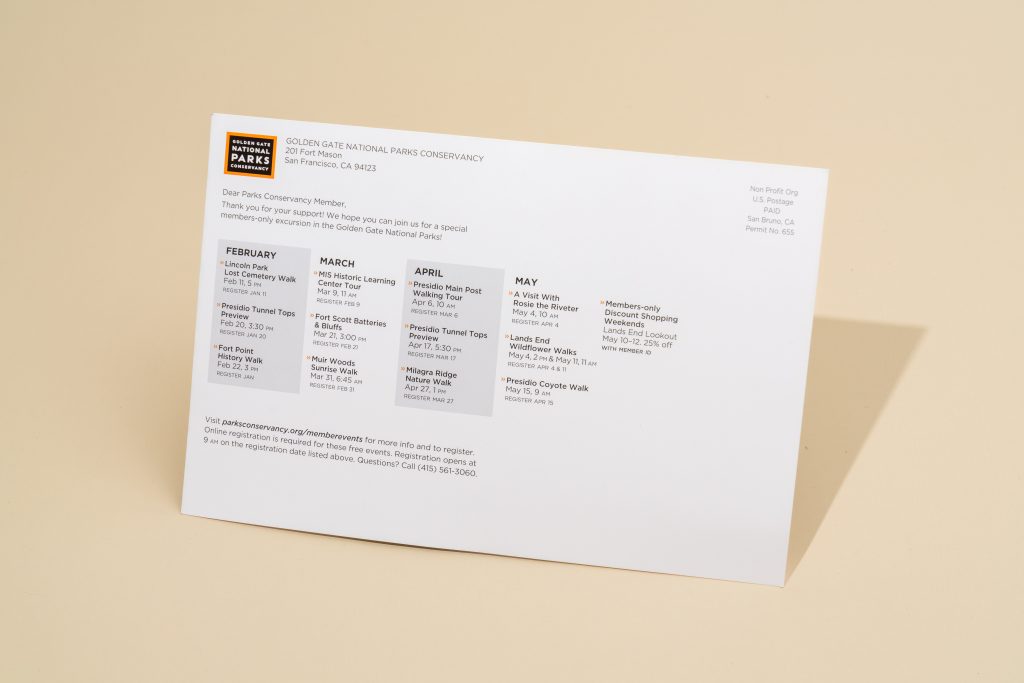 Direct mail postcard example with event schedule and address area, showing standard postcard dimensions.