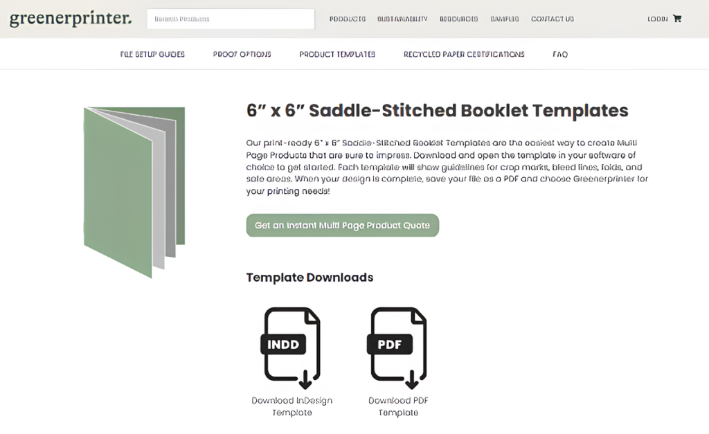 Greenerprinter webpage showing a “6" x 6" Saddle-Stitched Booklet Templates” page, with a booklet illustration on the left and links to download InDesign and PDF templates below the template information.