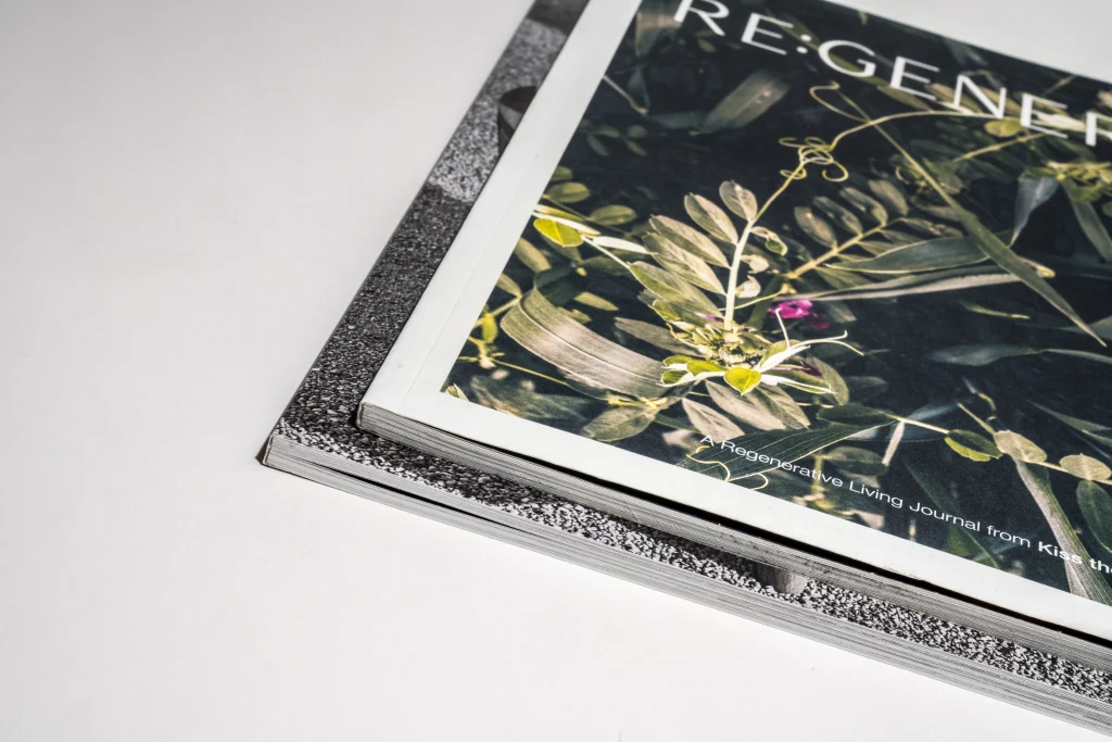 Detailed corner view of a soft-touch laminated softcover journal with natural design, printed by Greener Printer