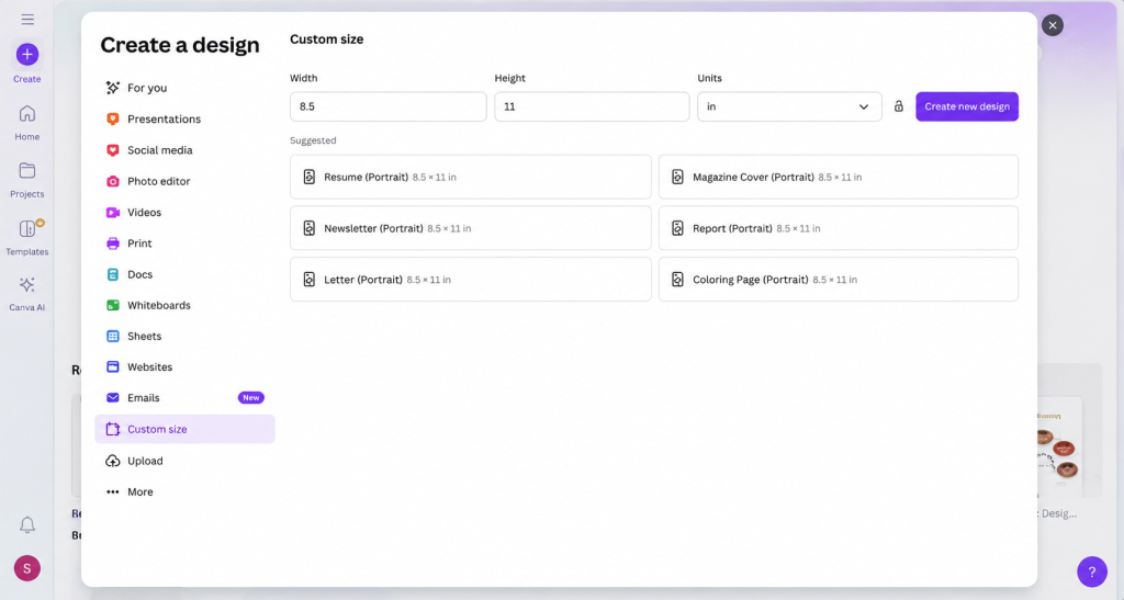 Canva “Create a design” window showing the Custom size option with width set to 8.5 inches, height set to 11 inches, suggested portrait templates, and a purple “Create new design” button.