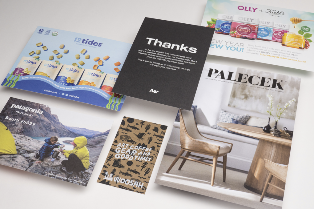 Postcards and brochures showcasing color and paper options. Visual comparison of offset vs digital printing results.