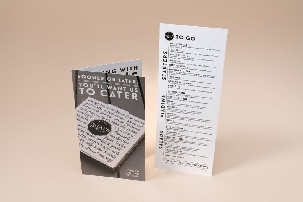 Litho printed restaurant menu and folded takeout brochure for Patxi’s Pizza.