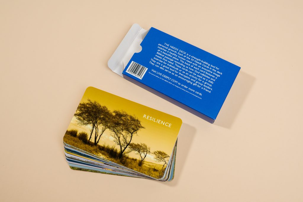 The back of an open blue card box displaying printed text instructions, positioned behind a stacked deck of cards featuring the top card labeled "Resilience."